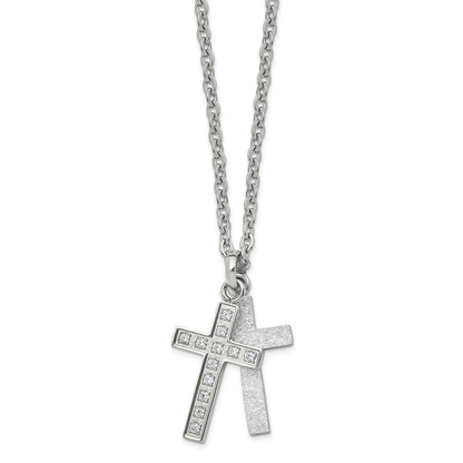 Stainless Steel Polished Laser Cut Cz 2 Piece Cross 20In Necklace