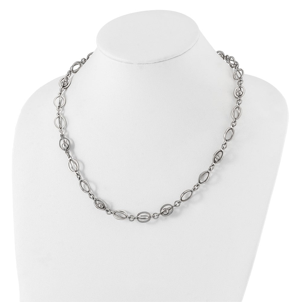 Stainless Steel Polished Oval Link W/ Moveable Ball 1.5In Ext. Necklace