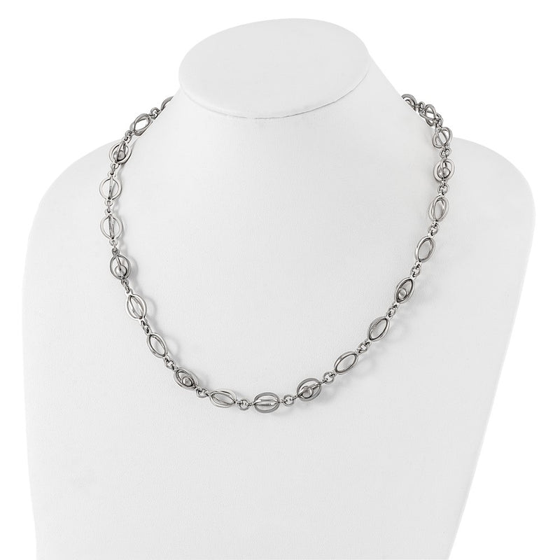 Stainless Steel Polished Oval Link W/ Moveable Ball 1.5In Ext. Necklace