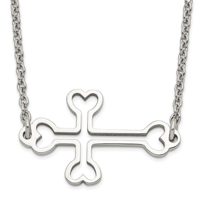 Stainless Steel Polished Sideways Cut Out Cross Necklace