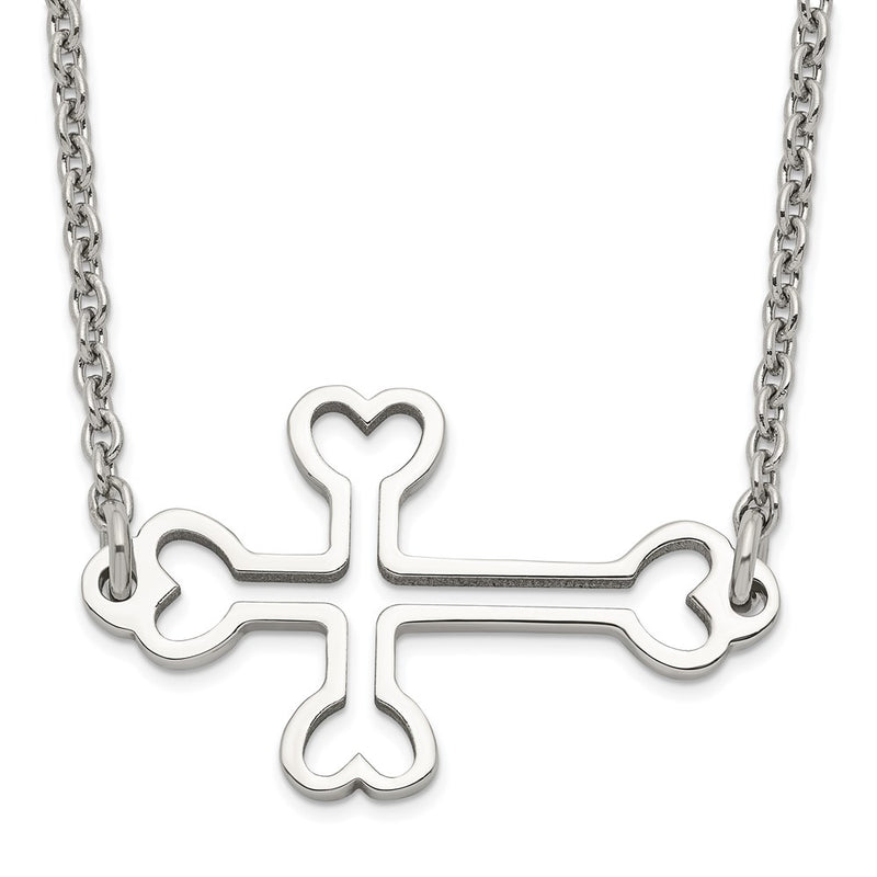 Stainless Steel Polished Sideways Cut Out Cross Necklace