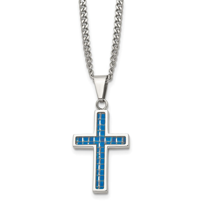 Stainless Steel Chisel Polished With Blue Carbon Fiber Inlay Cross Pendant On A 20 Inch Curb Chain Necklace