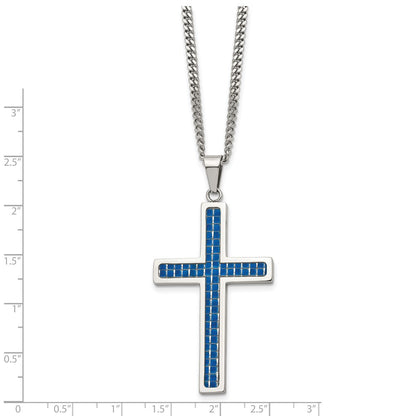 Stainless Steel Chisel Polished With Blue Carbon Fiber Inlay Cross Pendant On A 22 Inch Curb Chain Necklace
