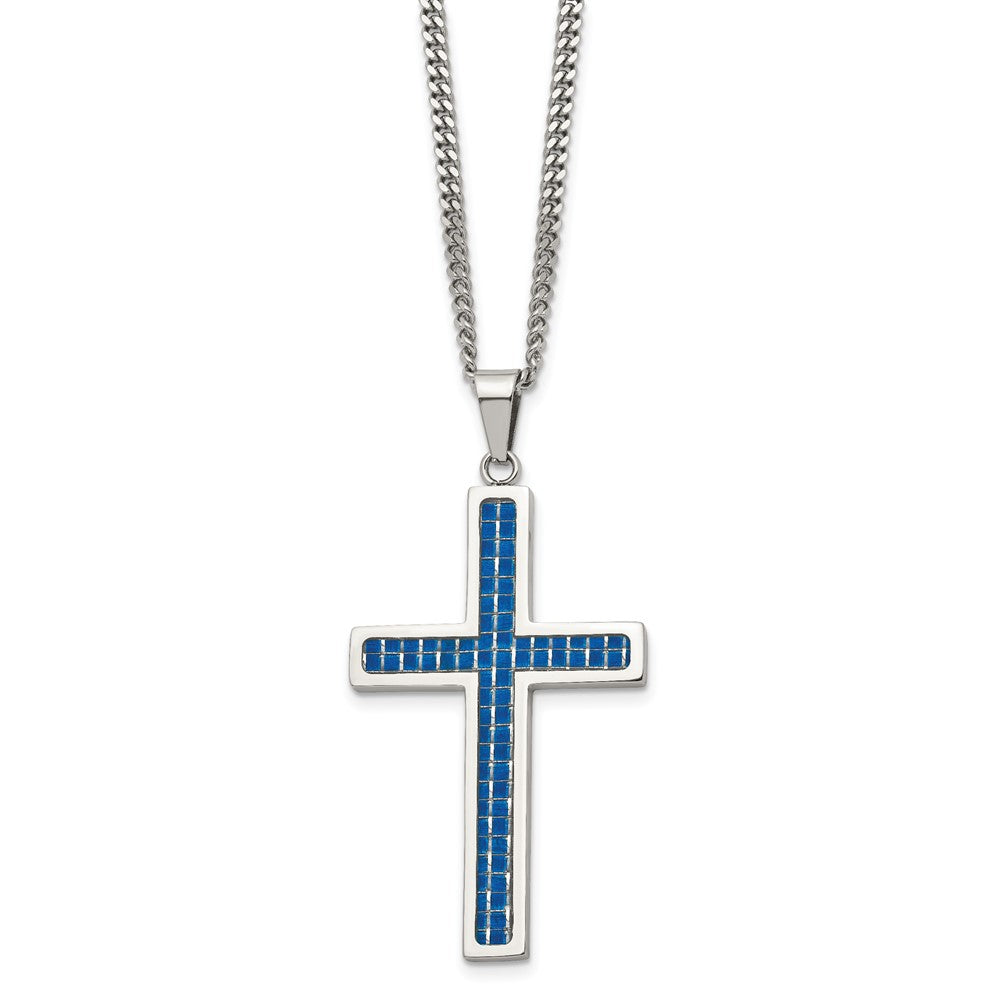 Stainless Steel Chisel Polished With Blue Carbon Fiber Inlay Cross Pendant On A 22 Inch Curb Chain Necklace