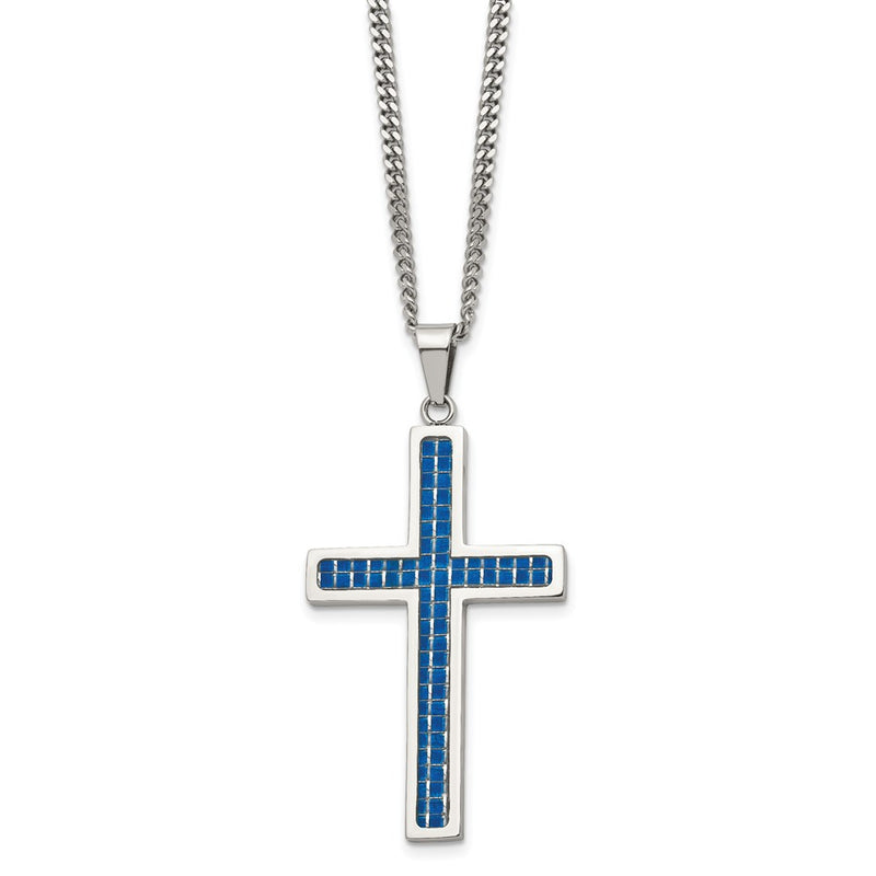 Stainless Steel Chisel Polished With Blue Carbon Fiber Inlay Cross Pendant On A 22 Inch Curb Chain Necklace