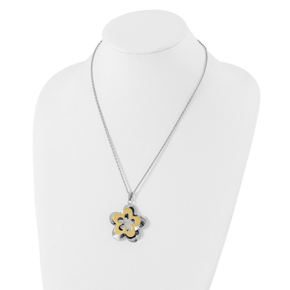 Stainless Steel Polished & Brushed Yellow Ip-Plated Flower Necklace