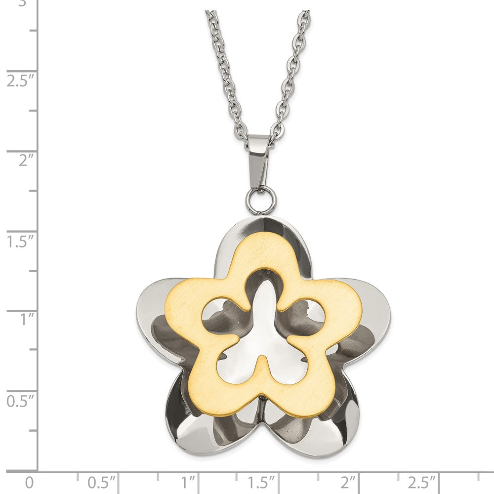 Stainless Steel Polished & Brushed Yellow Ip-Plated Flower Necklace
