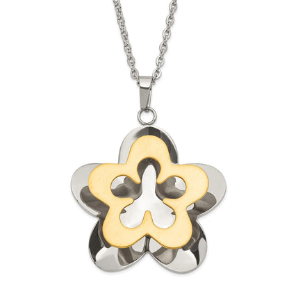 Stainless Steel Polished & Brushed Yellow Ip-Plated Flower Necklace