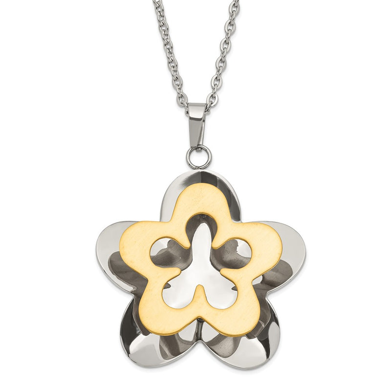 Stainless Steel Polished & Brushed Yellow Ip-Plated Flower Necklace