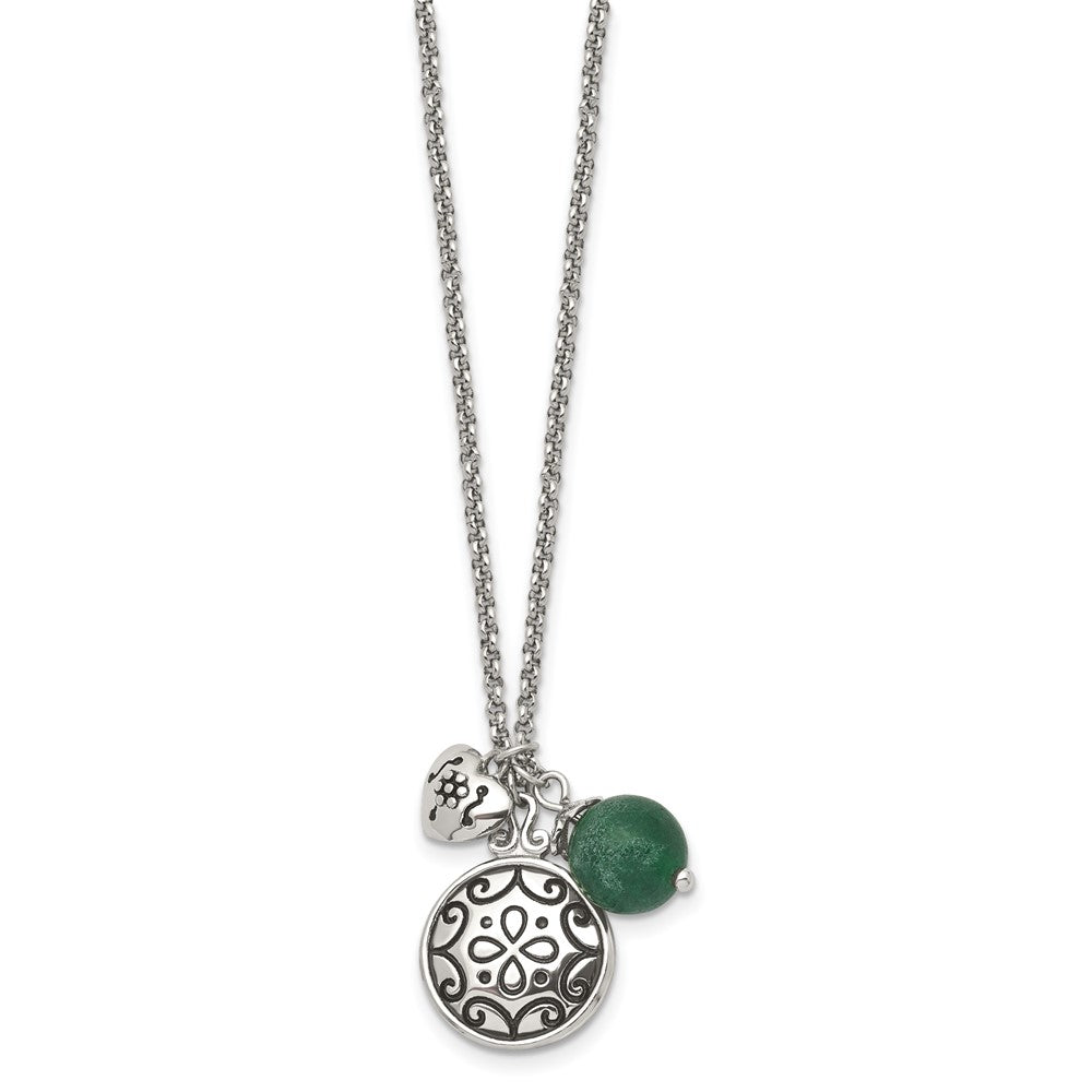Stainless Steel Antiqued And Polished Synthetic Jade W/20In Necklace