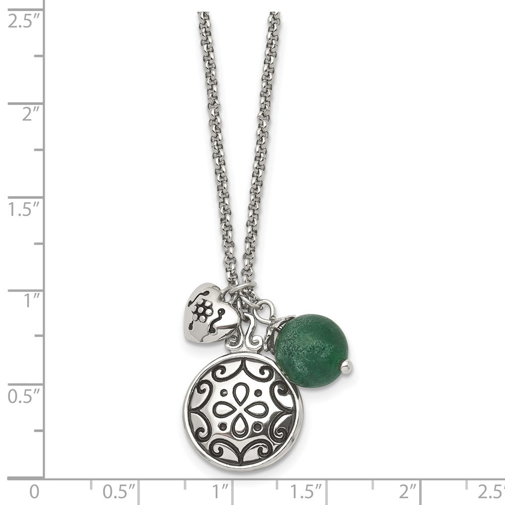 Stainless Steel Antiqued And Polished Synthetic Jade W/20In Necklace