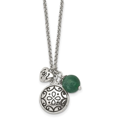 Stainless Steel Antiqued And Polished Synthetic Jade W/20In Necklace