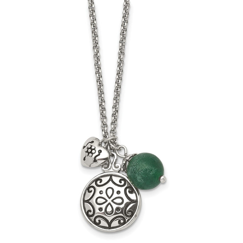 Stainless Steel Antiqued And Polished Synthetic Jade W/20In Necklace