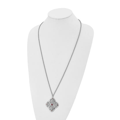 Stainless Steel Polished W/Red Cz Square 30In W/2In Ext Necklace