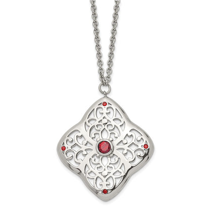 Stainless Steel Polished W/Red Cz Square 30In W/2In Ext Necklace