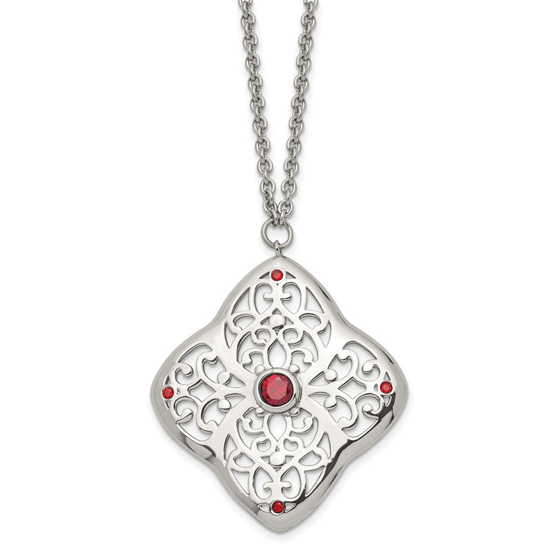 Stainless Steel Polished W/Red Cz Square 30In W/2In Ext Necklace
