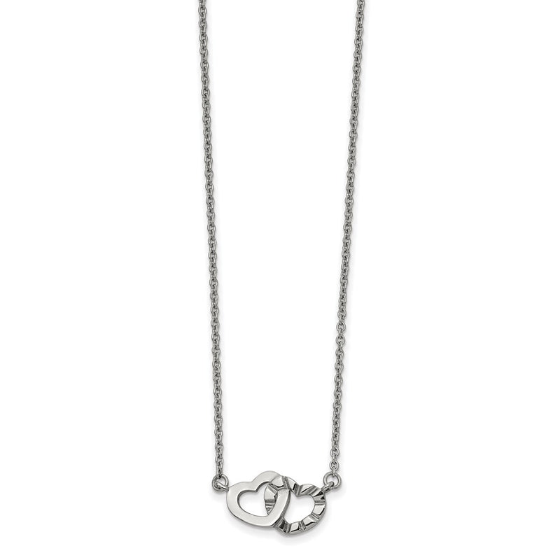 Stainless Steel Chisel Polished And Textured Interlocking Hearts On An 18 Inch Cable Chain Necklace