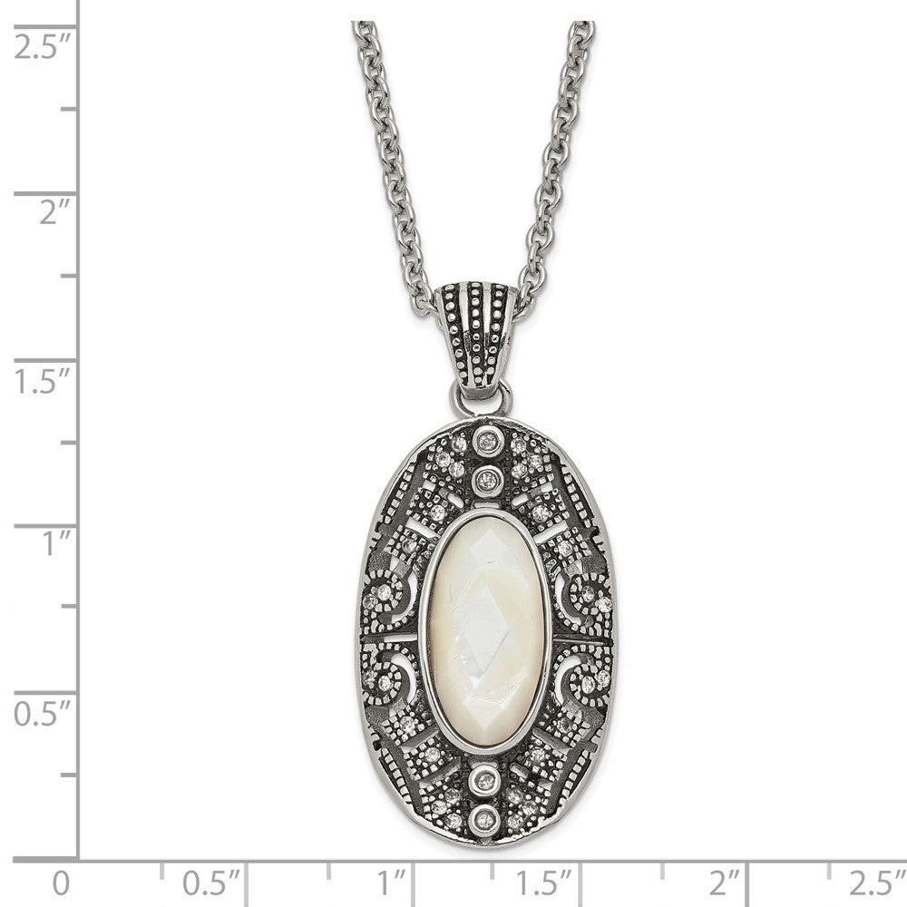 Stainless Steel Antiqued Mother Of Pearl And Crystal Necklace