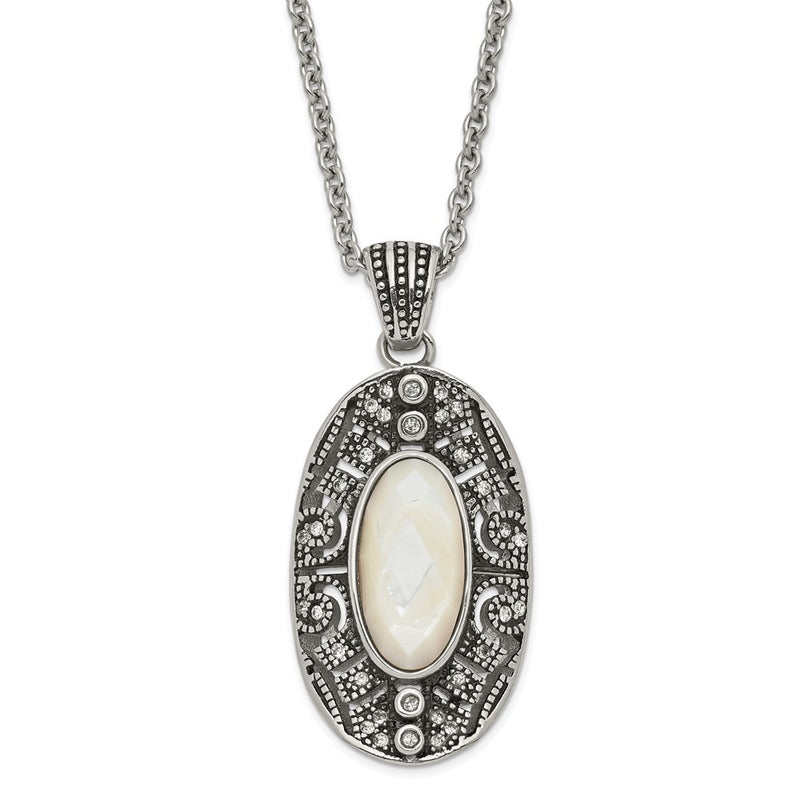 Stainless Steel Antiqued Mother Of Pearl And Crystal Necklace