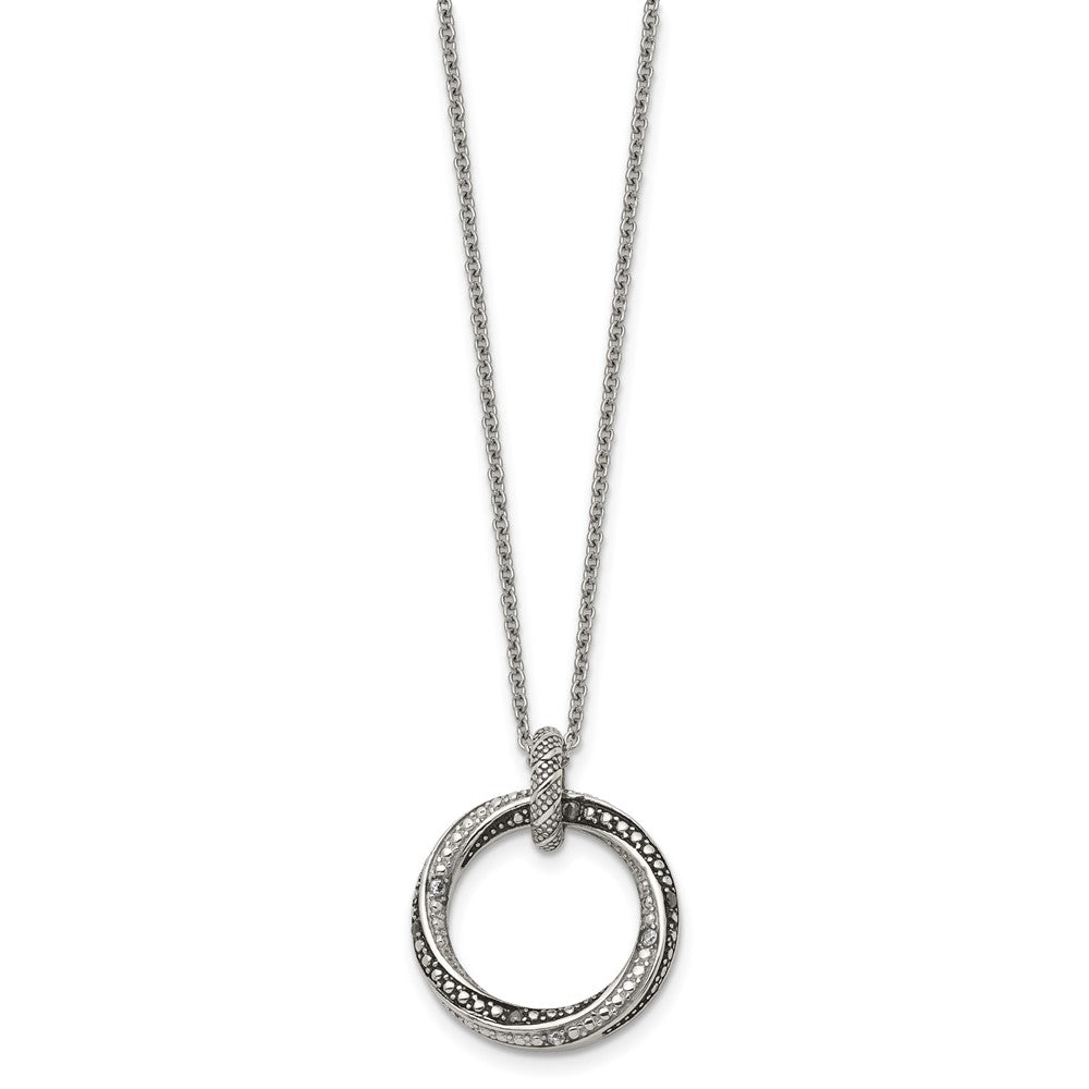 Stainless Steel Antiqued And Polished Black/Clear Cz Circle 18In Necklace