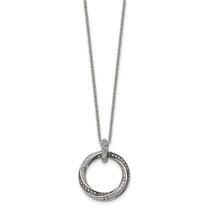 Stainless Steel Antiqued And Polished Black/Clear Cz Circle 18In Necklace