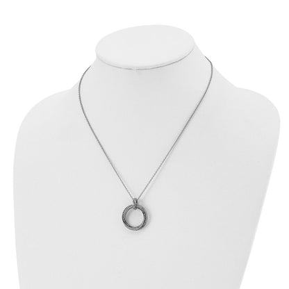 Stainless Steel Antiqued And Polished Black/Clear Cz Circle 18In Necklace