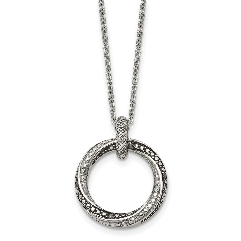 Stainless Steel Antiqued And Polished Black/Clear Cz Circle 18In Necklace