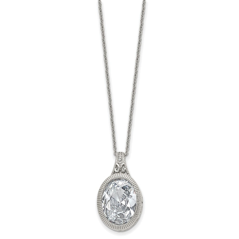 Stainless Steel Chisel Brushed And Polished Crystal Oval Pendant On An 18 Inch Cable Chain Necklace