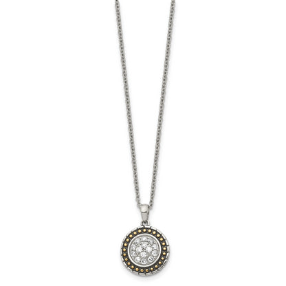 Stainless Steel Chisel Antiqued And Polished Yellow Ip-Plated With Cz Circle Pendant On An 18 Inch Cable Chain Necklace
