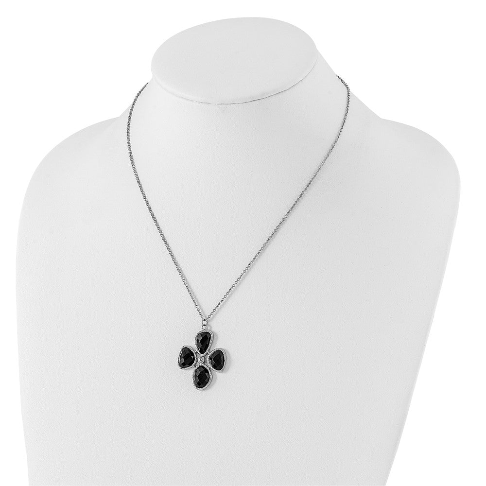 Stainless Steel Fancy Cz And Black Onyx Textured Necklace