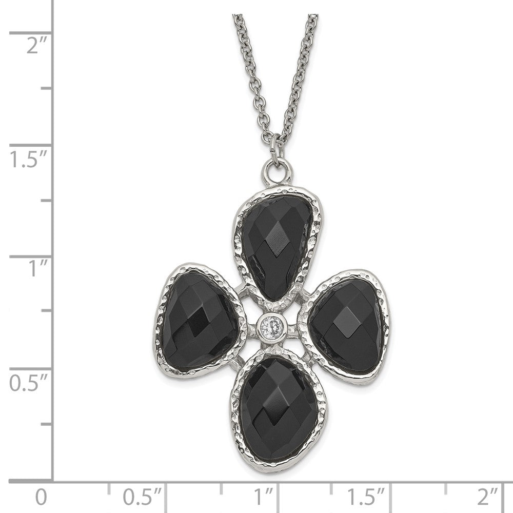 Stainless Steel Fancy Cz And Black Onyx Textured Necklace