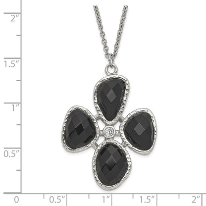 Stainless Steel Fancy Cz And Black Onyx Textured Necklace