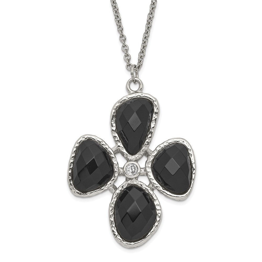 Stainless Steel Fancy Cz And Black Onyx Textured Necklace