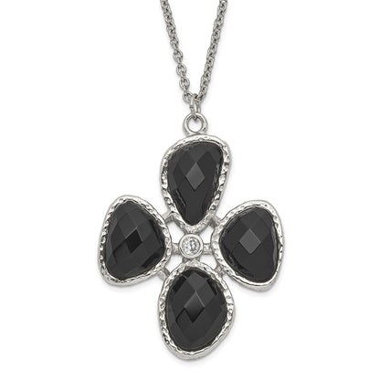 Stainless Steel Fancy Cz And Black Onyx Textured Necklace