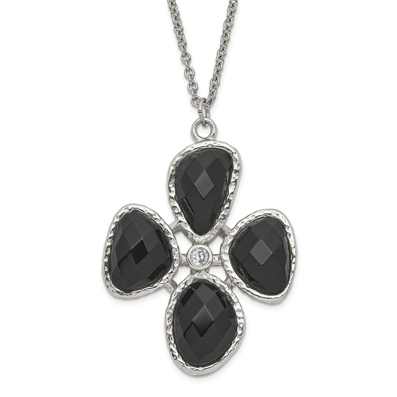 Stainless Steel Fancy Cz And Black Onyx Textured Necklace