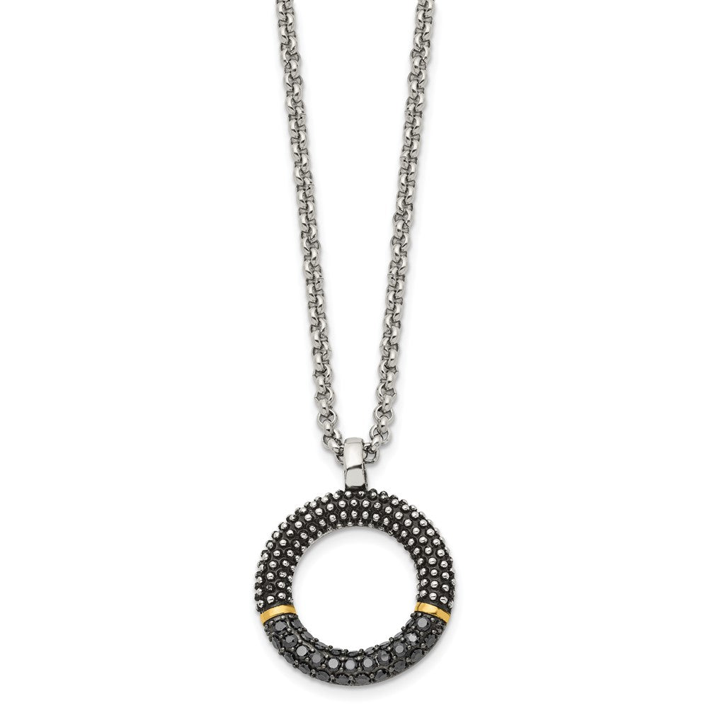 Stainless Steel Antiqued & Polished Yellow Ip W/Black Cz 18In Necklace