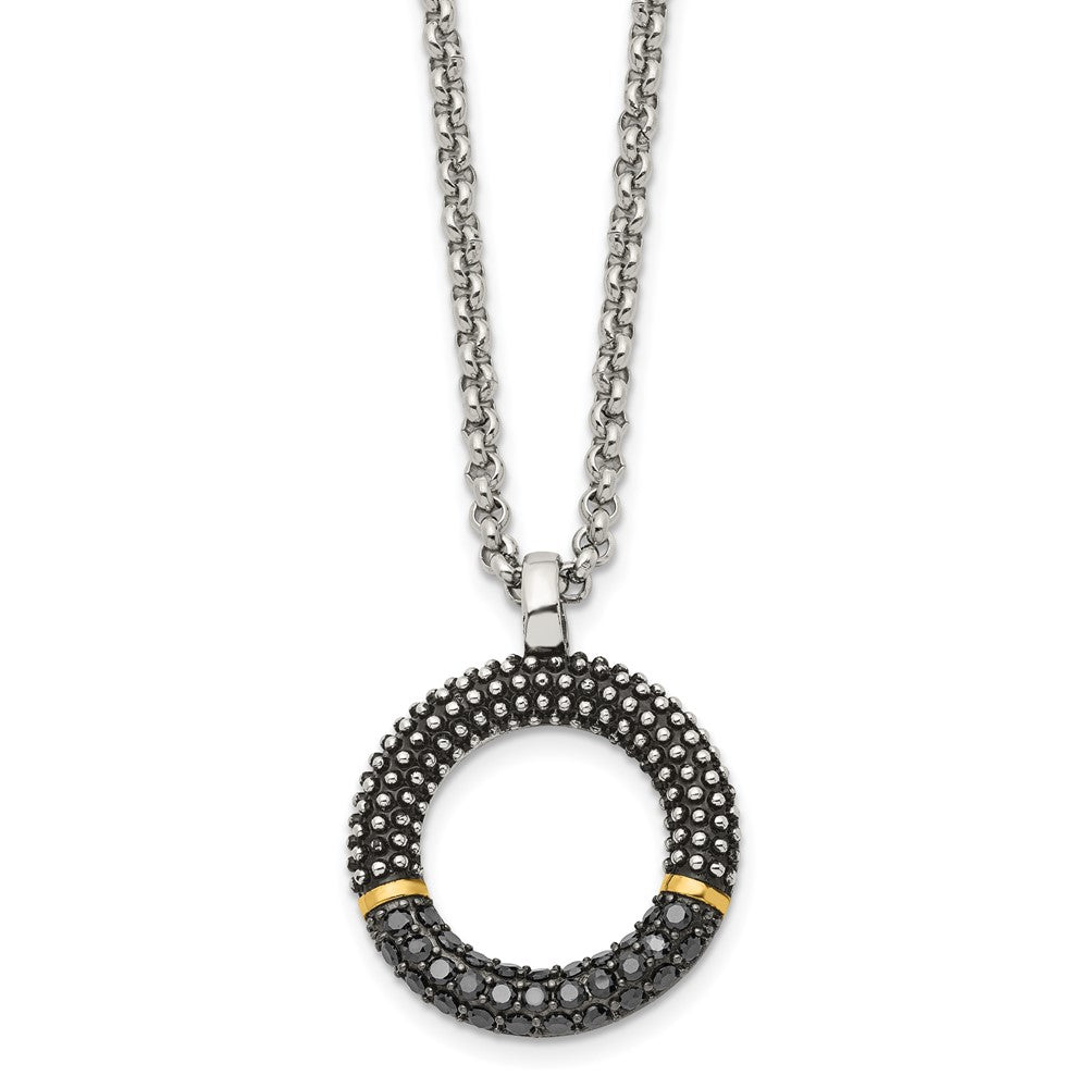 Stainless Steel Antiqued & Polished Yellow Ip W/Black Cz 18In Necklace