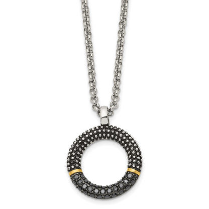 Stainless Steel Antiqued & Polished Yellow Ip W/Black Cz 18In Necklace