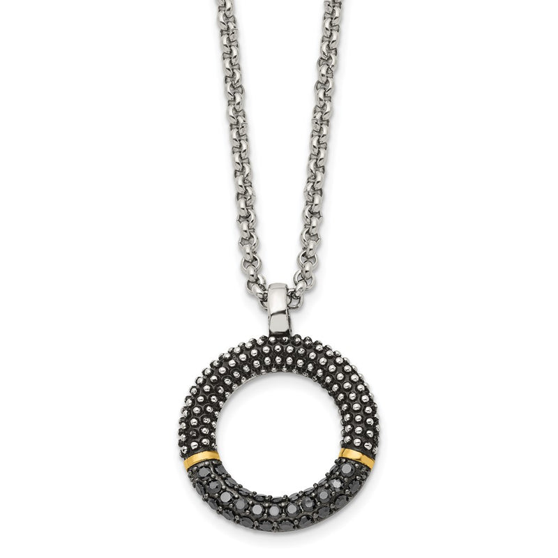 Stainless Steel Antiqued & Polished Yellow Ip W/Black Cz 18In Necklace