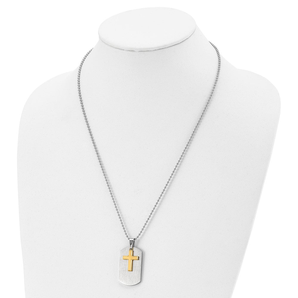 Stainless Steel Chisel Brushed And Polished Yellow Ip-Plated 2 Piece Cross Dog Tag On A 22 Inch Ball Chain Necklace