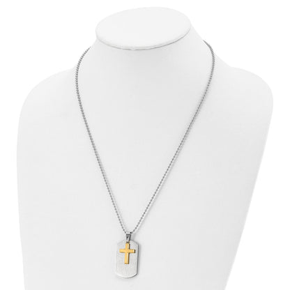 Stainless Steel Chisel Brushed And Polished Yellow Ip-Plated 2 Piece Cross Dog Tag On A 22 Inch Ball Chain Necklace