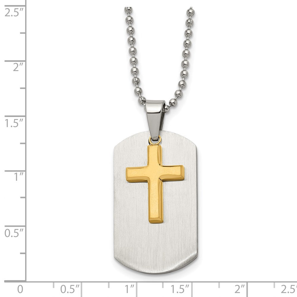 Stainless Steel Chisel Brushed And Polished Yellow Ip-Plated 2 Piece Cross Dog Tag On A 22 Inch Ball Chain Necklace