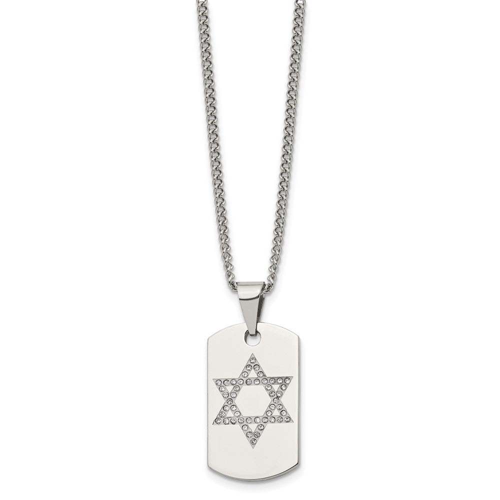 Stainless Steel Chisel Polished With Cz Star Of David Dog Tag On A 22 Inch Curb Chain Necklace