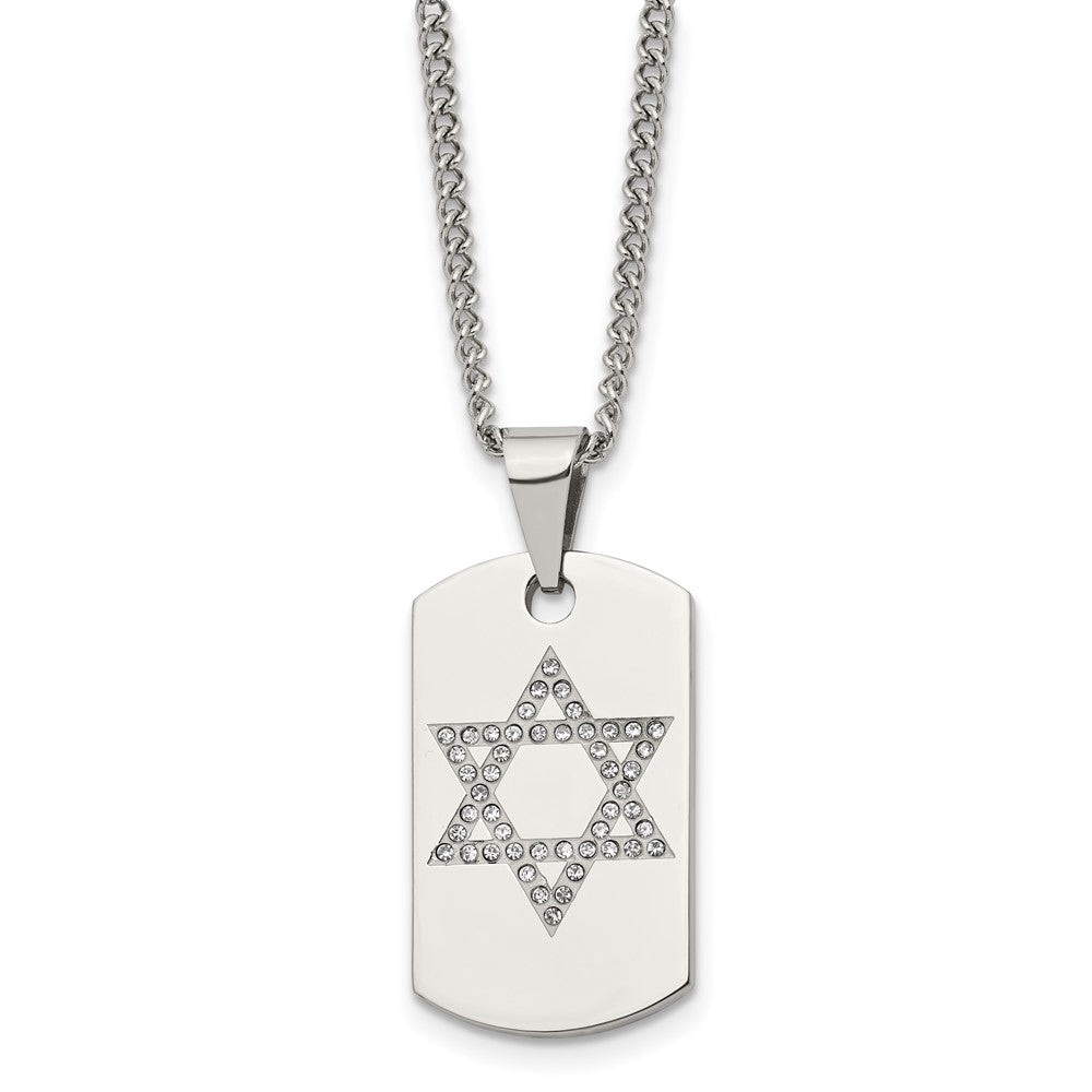 Stainless Steel Chisel Polished With Cz Star Of David Dog Tag On A 22 Inch Curb Chain Necklace