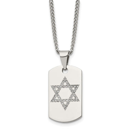Stainless Steel Chisel Polished With Cz Star Of David Dog Tag On A 22 Inch Curb Chain Necklace