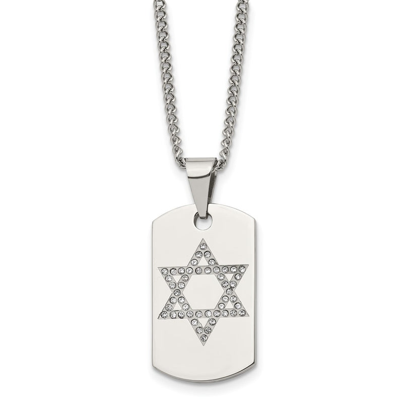 Stainless Steel Chisel Polished With Cz Star Of David Dog Tag On A 22 Inch Curb Chain Necklace