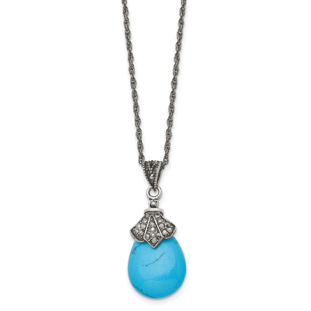 Stainless Steel Antiqued Simulated Turquoise Marcasite 18In Necklace