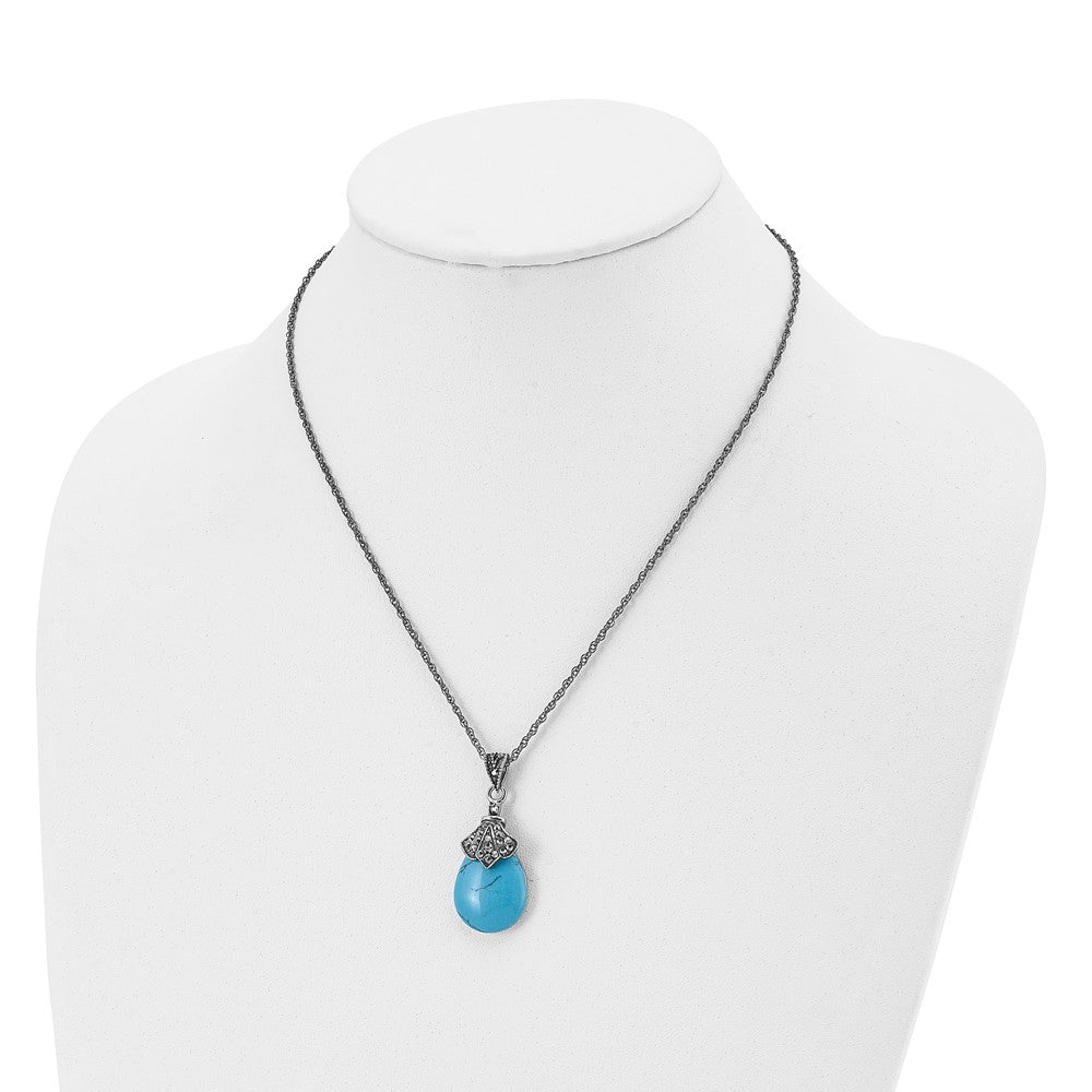 Stainless Steel Antiqued Simulated Turquoise Marcasite 18In Necklace