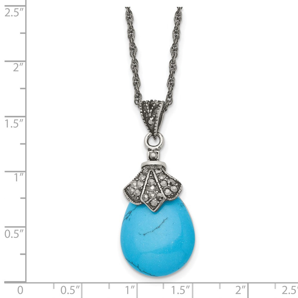 Stainless Steel Antiqued Simulated Turquoise Marcasite 18In Necklace