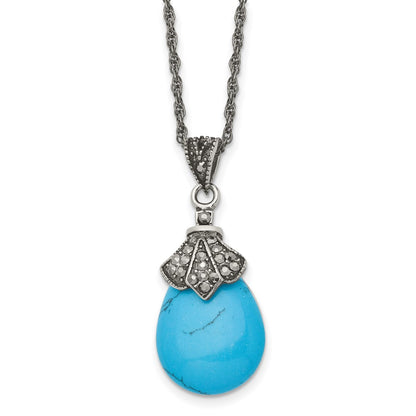 Stainless Steel Antiqued Simulated Turquoise Marcasite 18In Necklace